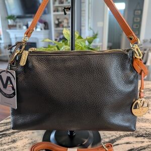 ✨Valentina✨ Black Leather Shoulder Bag with Tan Strap